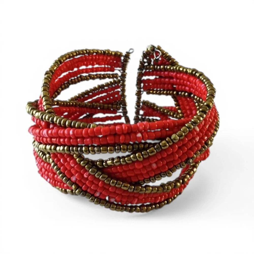 Handmade Twisted Flexible Seed Bead Braided Open Cuff Bracelet – Red & Gold